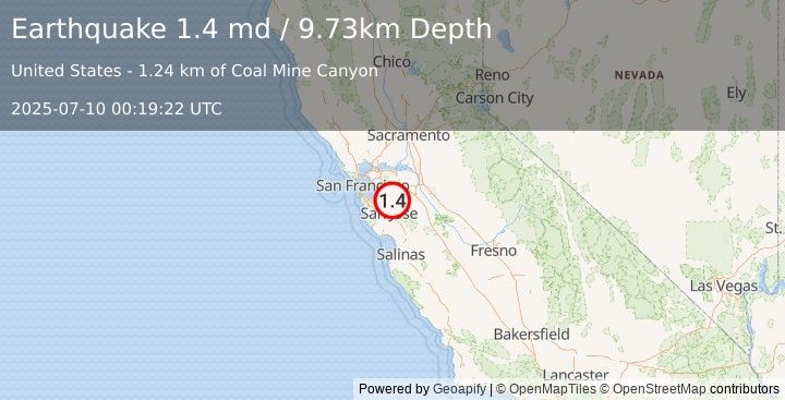 Earthquake 9 km SSE of Sunol, CA (1.4 md) (2025-07-10 00:19:22 UTC)