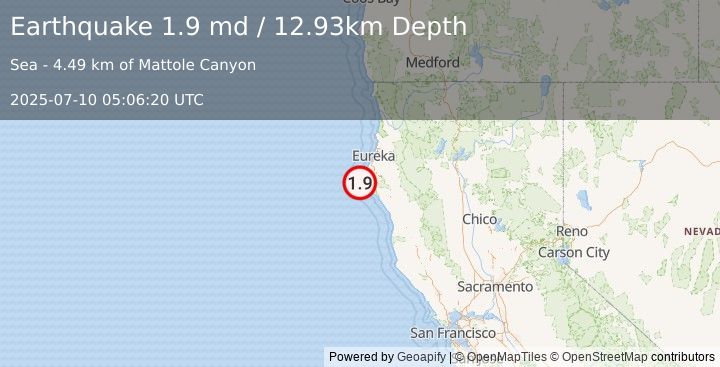 Earthquake 15 km W of Petrolia, CA (1.9 md) (2025-07-10 05:06:20 UTC)