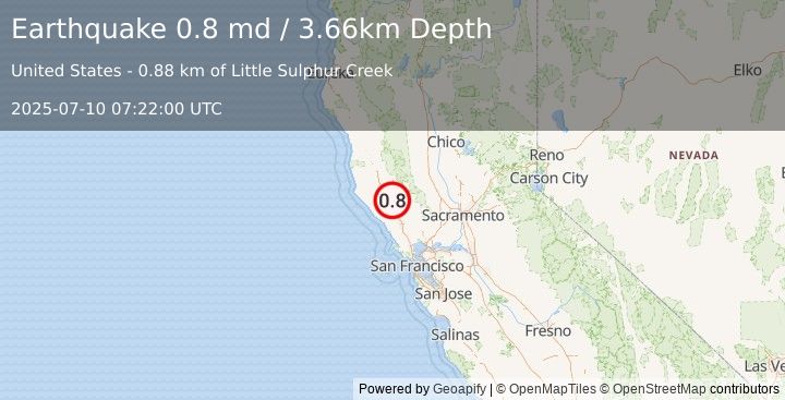 Earthquake 9 km E of Cloverdale, CA (0.8 md) (2025-07-10 07:22:00 UTC)