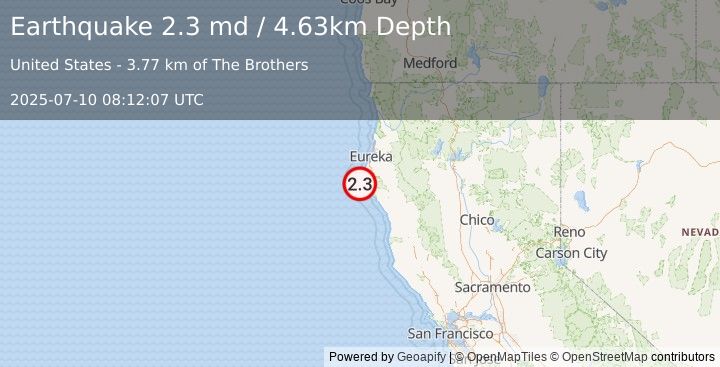 Earthquake 11 km WNW of Petrolia, CA (2.3 md) (2025-07-10 08:12:07 UTC)