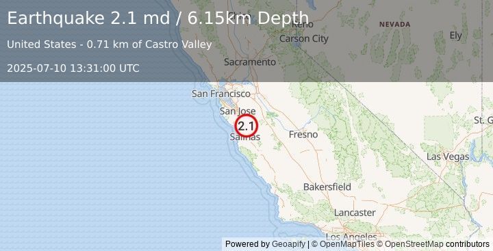 Earthquake 6 km SW of Gilroy, CA (2.1 md) (2025-07-10 13:31:00 UTC)