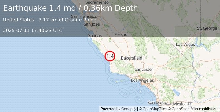 Earthquake 9 km ESE of Atascadero, CA (1.4 md) (2025-07-11 17:40:23 UTC)