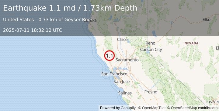 Earthquake 4 km W of Cobb, CA (1.1 md) (2025-07-11 18:32:12 UTC)