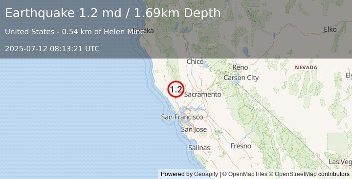 Earthquake 3 km SSW of Anderson Springs, CA (1.2 md) (2025-07-12 08:13:21 UTC)
