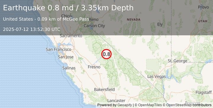 Earthquake 17 km WSW of Toms Place, CA (0.8 md) (2025-07-12 13:52:30 UTC)