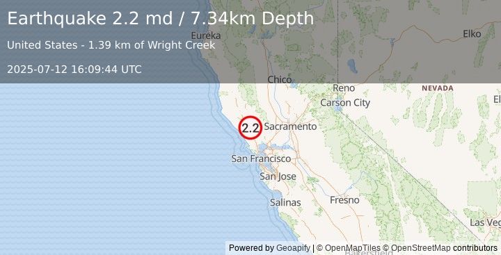 Earthquake 4 km N of Larkfield-Wikiup, CA (2.2 md) (2025-07-12 16:09:44 UTC)