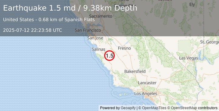 Earthquake 21 km WSW of New Idria, CA (1.5 md) (2025-07-12 22:23:58 UTC)