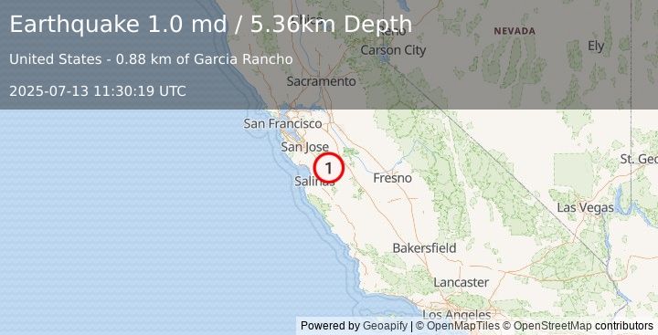 Earthquake 12 km NE of Hollister, CA (1.0 md) (2025-07-13 11:30:19 UTC)