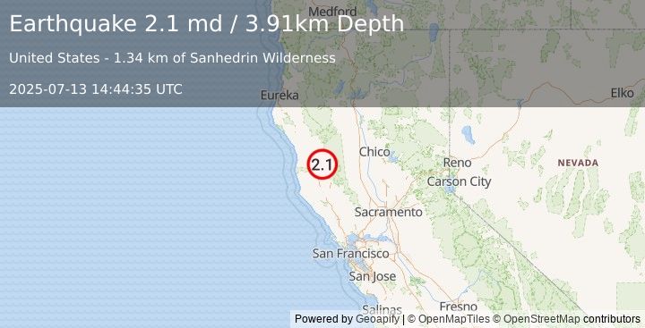 Earthquake 16 km NW of Lake Pillsbury, CA (2.1 md) (2025-07-13 14:44:35 UTC)