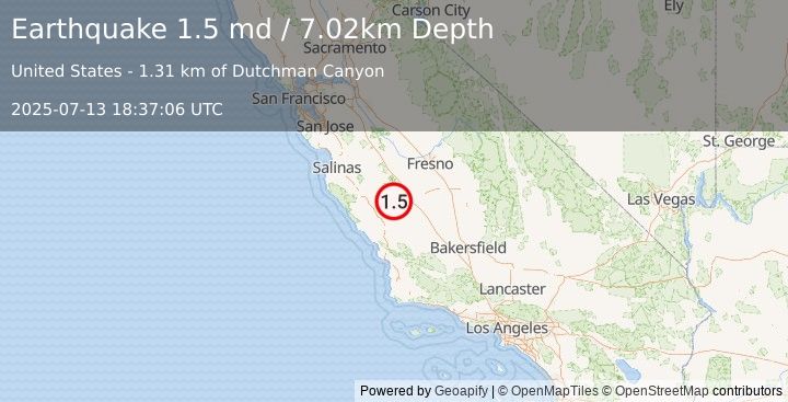 Earthquake 14 km W of Coalinga, CA (1.5 md) (2025-07-13 18:37:06 UTC)
