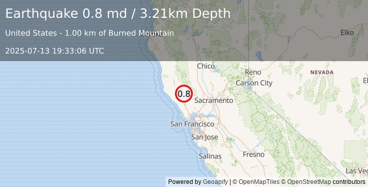Earthquake 4 km NNW of The Geysers, CA (0.8 md) (2025-07-13 19:33:06 UTC)