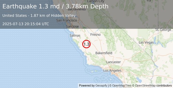 Earthquake 22 km NNW of Parkfield, CA (1.3 md) (2025-07-13 20:15:04 UTC)