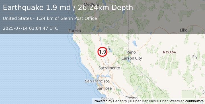 Earthquake 15 km E of Willows, CA (1.9 md) (2025-07-14 03:04:47 UTC)