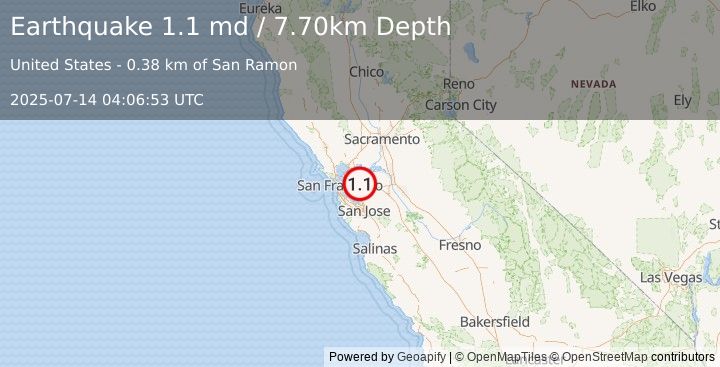 Earthquake 2 km SE of Danville, CA (1.1 md) (2025-07-14 04:06:53 UTC)