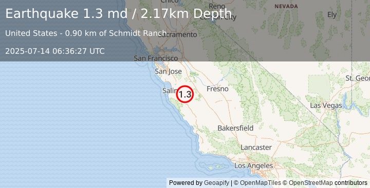 Earthquake 4 km NW of Pinnacles, CA (1.3 md) (2025-07-14 06:36:27 UTC)