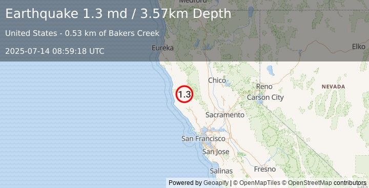 Earthquake 2 km WNW of Redwood Valley, CA (1.3 md) (2025-07-14 08:59:18 UTC)