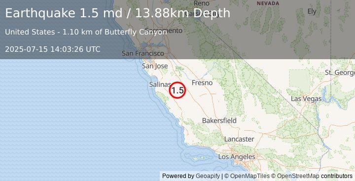 Earthquake 19 km WNW of New Idria, CA (1.5 md) (2025-07-15 14:03:26 UTC)