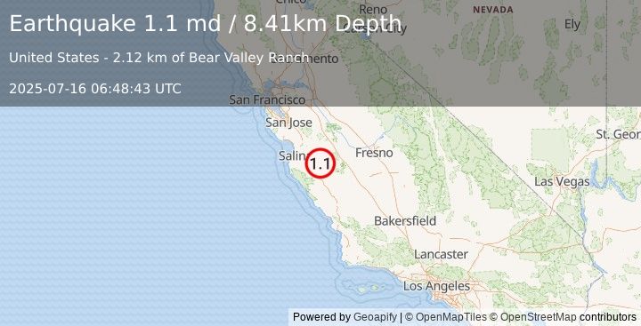 Earthquake 3 km ESE of Pinnacles, CA (1.1 md) (2025-07-16 06:48:43 UTC)
