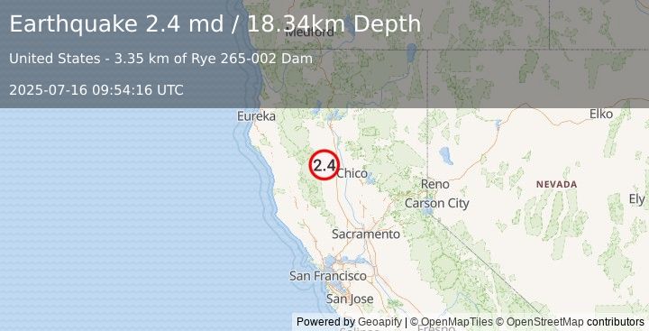 Earthquake 19 km SW of Rancho Tehama Reserve, CA (2.4 md) (2025-07-16 09:54:16 UTC)
