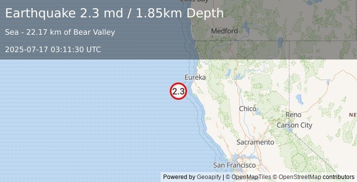 Earthquake 52 km W of Petrolia, CA (2.3 md) (2025-07-17 03:11:30 UTC)