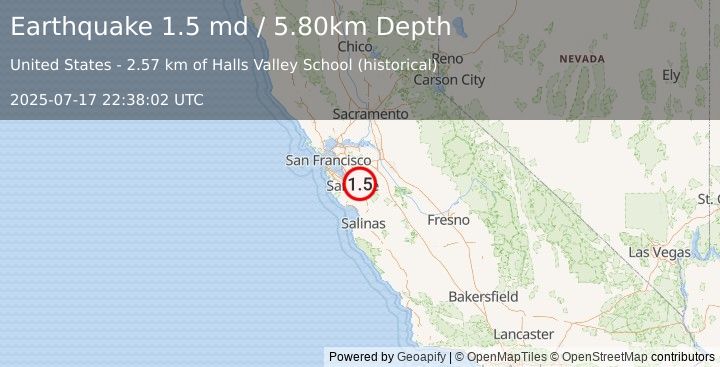 Earthquake 9 km E of Alum Rock, CA (1.5 md) (2025-07-17 22:38:02 UTC)