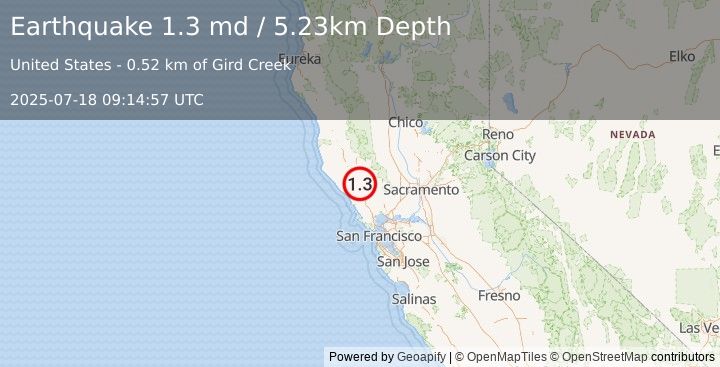 Earthquake 8 km NNE of Healdsburg, CA (1.3 md) (2025-07-18 09:14:57 UTC)