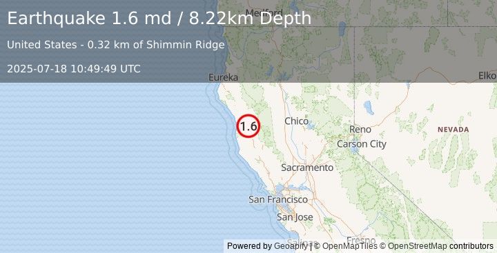 Earthquake 15 km SSE of Laytonville, CA (1.6 md) (2025-07-18 10:49:49 UTC)