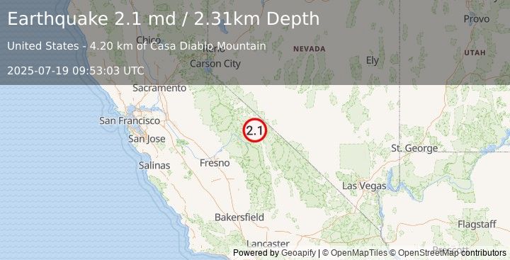 Earthquake 13 km ESE of Toms Place, CA (2.1 md) (2025-07-19 09:53:03 UTC)