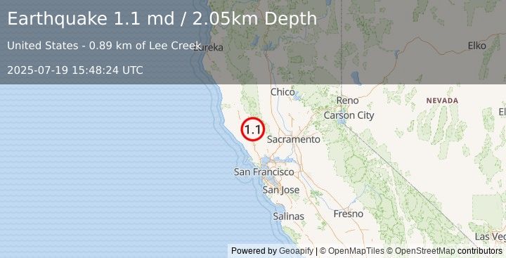 Earthquake 4 km WNW of Cobb, CA (1.1 md) (2025-07-19 15:48:24 UTC)
