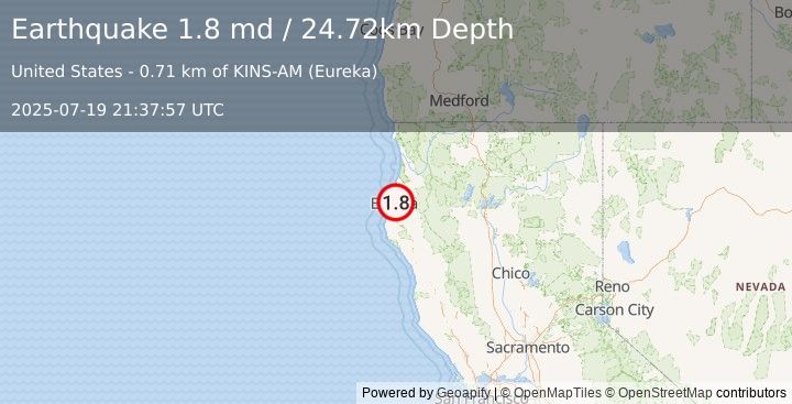 Earthquake 2 km N of Myrtletown, CA (1.8 md) (2025-07-19 21:37:57 UTC)