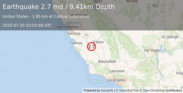 Earthquake 10 km SSW of Cantua Creek, CA (2.7 md) (2025-07-20 03:55:58 UTC)