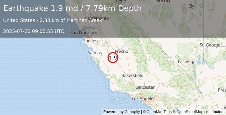 Earthquake 14 km SW of Cantua Creek, CA (1.9 md) (2025-07-20 09:00:55 UTC)