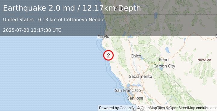 Earthquake 2 km NW of Rockport, CA (2.0 md) (2025-07-20 13:17:38 UTC)