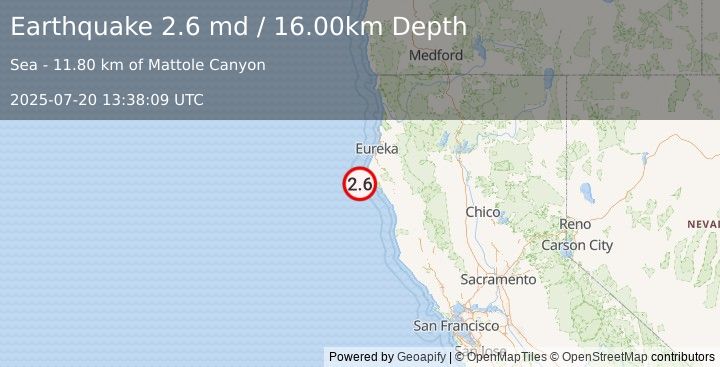 Earthquake 25 km WSW of Petrolia, CA (2.6 md) (2025-07-20 13:38:09 UTC)