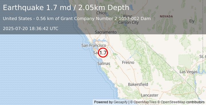 Earthquake 11 km ESE of Alum Rock, CA (1.7 md) (2025-07-20 18:36:42 UTC)