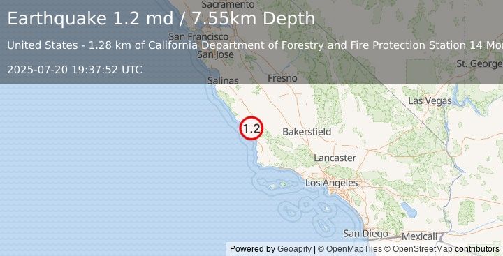 Earthquake 9 km W of Atascadero, CA (1.2 md) (2025-07-20 19:37:52 UTC)