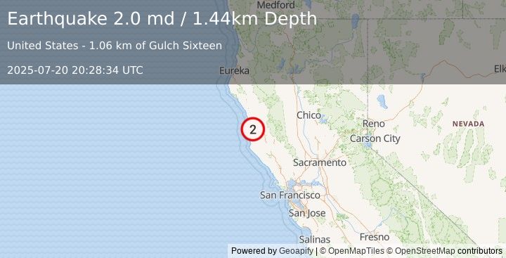 Earthquake 18 km W of Brooktrails, CA (2.0 md) (2025-07-20 20:28:34 UTC)