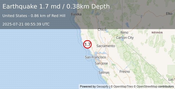 Earthquake 18 km SW of Cloverdale, CA (1.7 md) (2025-07-21 00:55:39 UTC)
