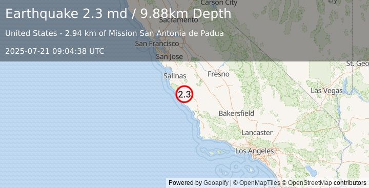 Earthquake 22 km SW of King City, CA (2.3 md) (2025-07-21 09:04:38 UTC)