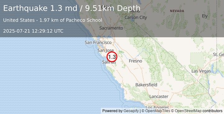 Earthquake 13 km  of Hollister, CA (1.3 md) (2025-07-21 12:29:12 UTC)