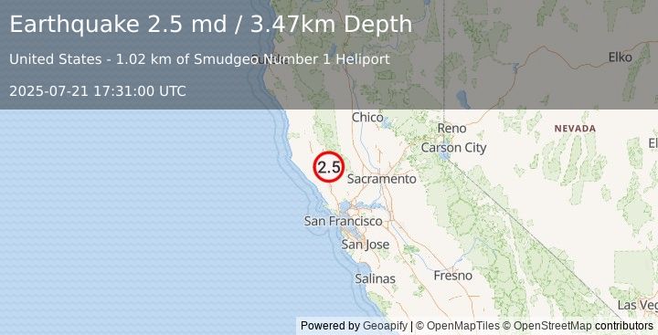 Earthquake 1 km NNW of The Geysers, CA (2.5 md) (2025-07-21 17:31:00 UTC)