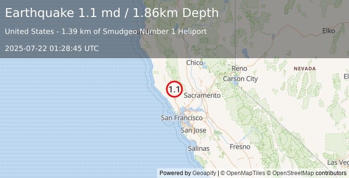 Earthquake 2 km NNE of The Geysers, CA (1.1 md) (2025-07-22 01:28:45 UTC)