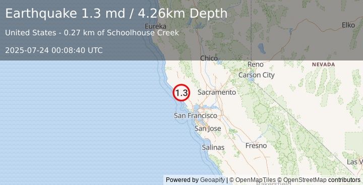 Earthquake 8 km NNW of Guerneville, CA (1.3 md) (2025-07-24 00:08:40 UTC)