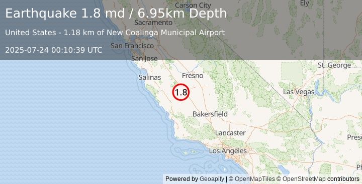 Earthquake 6 km E of Coalinga, CA (1.8 md) (2025-07-24 00:10:39 UTC)
