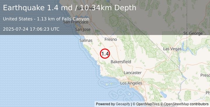 Earthquake 17 km SW of Avenal, CA (1.4 md) (2025-07-24 17:06:23 UTC)