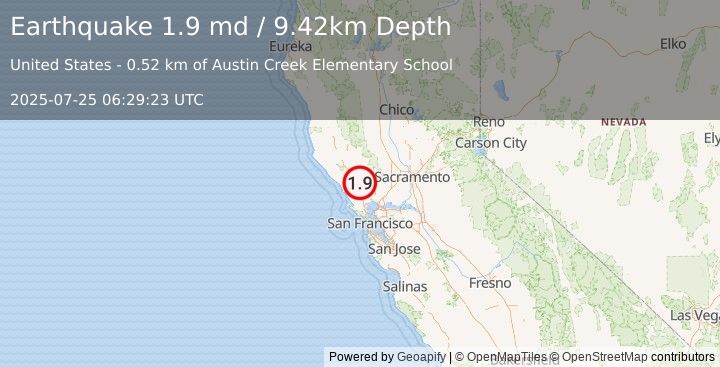 Earthquake 6 km E of Santa Rosa, CA (1.9 md) (2025-07-25 06:29:23 UTC)