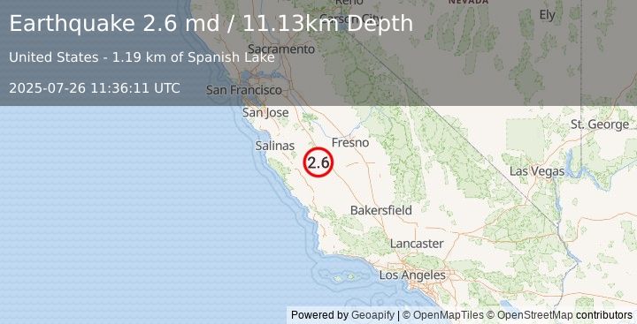 Earthquake 12 km SE of New Idria, CA (2.6 md) (2025-07-26 11:36:11 UTC)