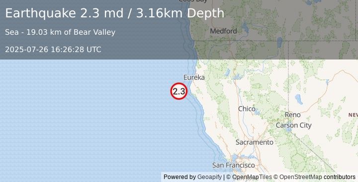 Earthquake 47 km WNW of Petrolia, CA (2.3 md) (2025-07-26 16:26:28 UTC)