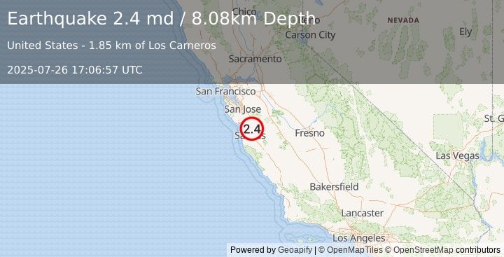 Earthquake 5 km W of San Juan Bautista, CA (2.4 md) (2025-07-26 17:06:57 UTC)