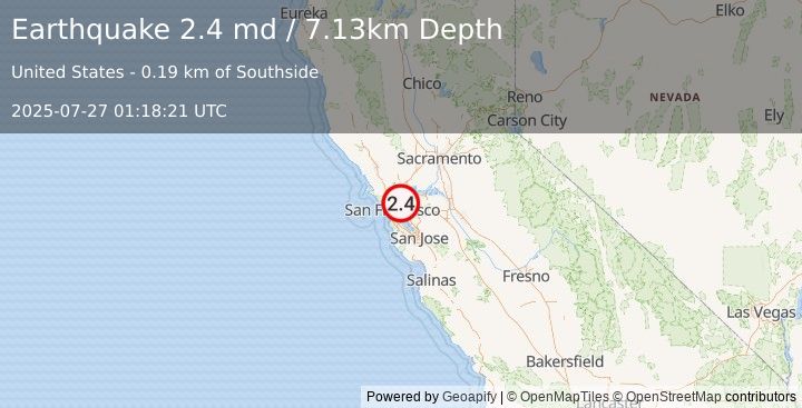 Earthquake 2 km ESE of Berkeley, CA (2.4 md) (2025-07-27 01:18:21 UTC)